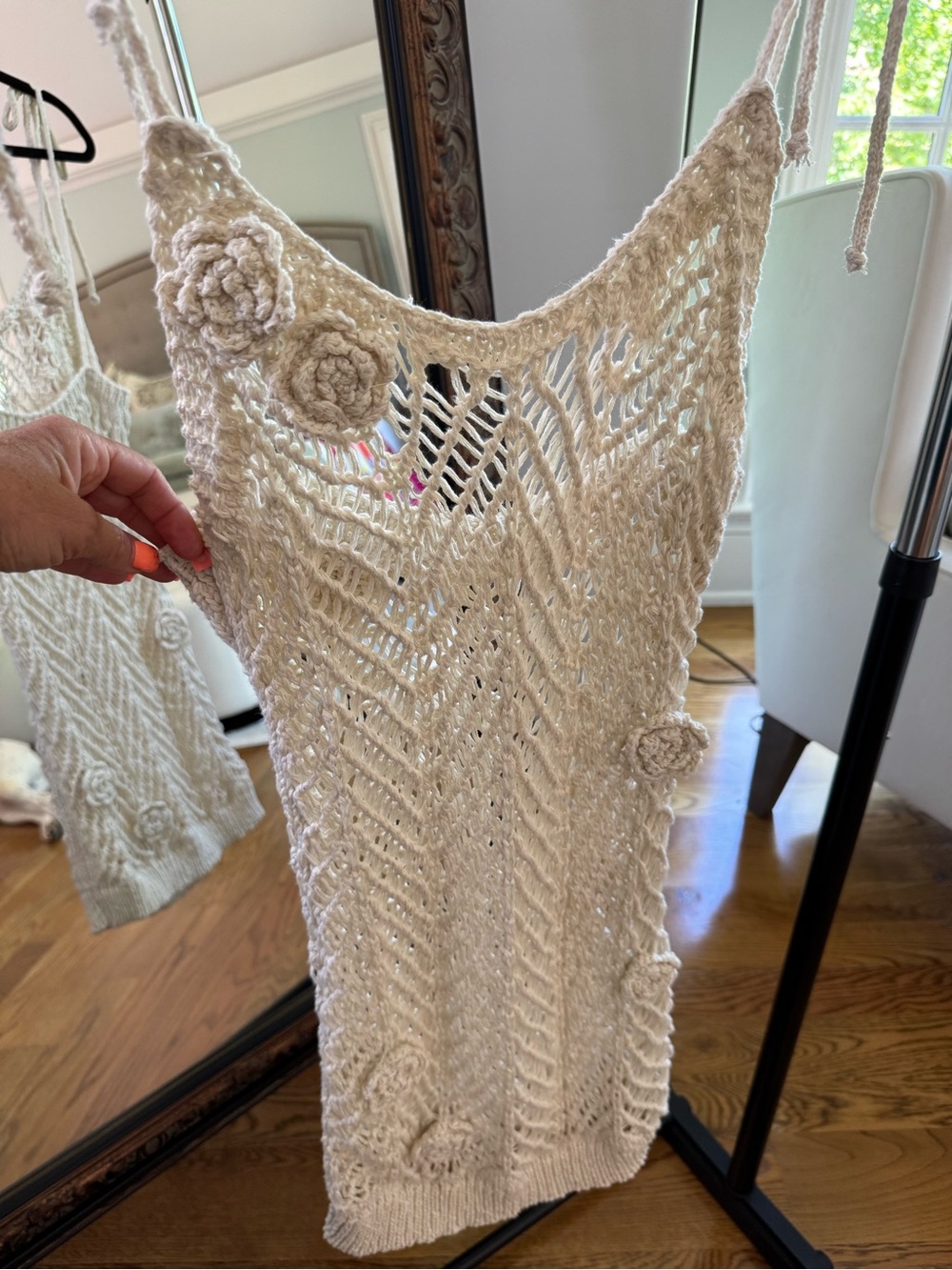 Handcrafted Cream Crochet Mini Dress with Floral Appliqués